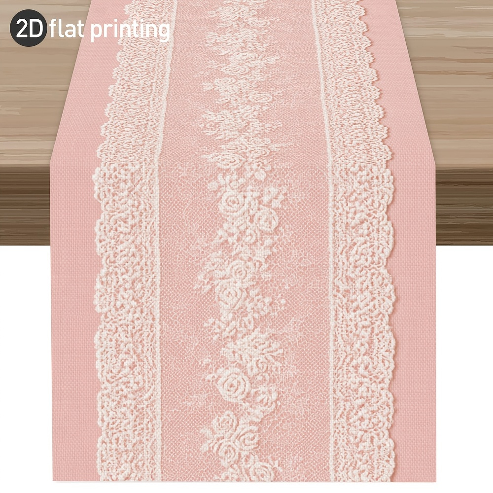 TEMU 1pc, Pink Floral Ribbon Lace-like Pattern Printed Table Runner, Elegant Country Style, Latest Autumn Table Runner, Printed Polyester Tablecloth