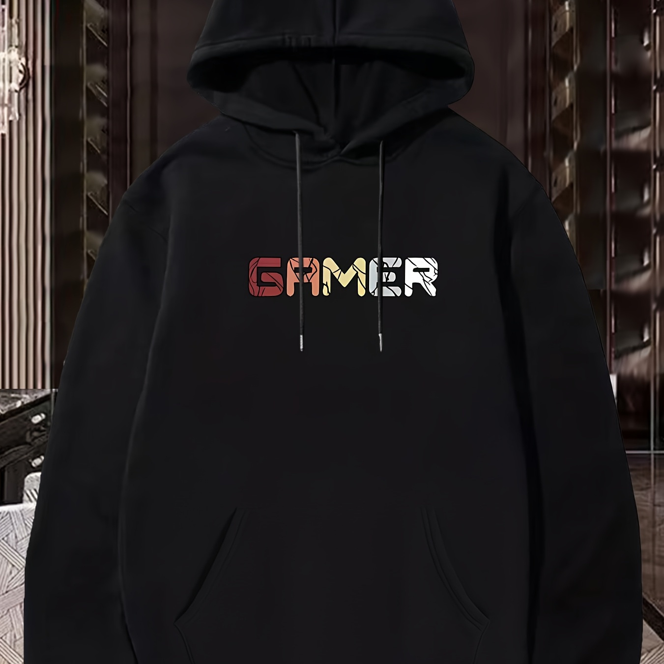 

Sweat à capuche Gamer imprimé, % polyester, style sport, manches longues, coupe standard, tissu en légèrement extensible, avec appliques géométriques, pour un sweat à capuche décontracté hip-hop