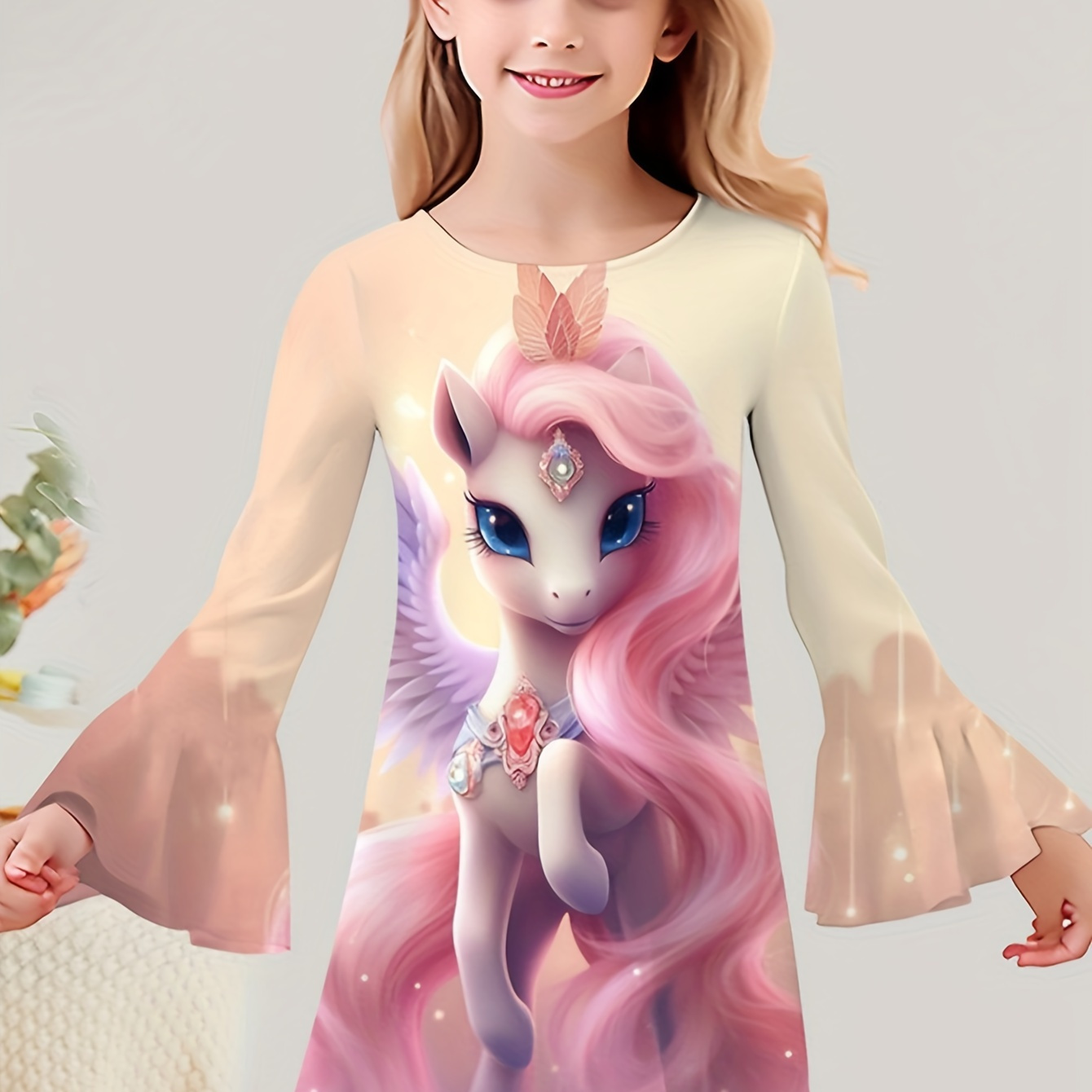 

Sequin Print Unicorn Graphic Long Sleeve Dress Girls Dreamy Dresses Spring Fall Gift