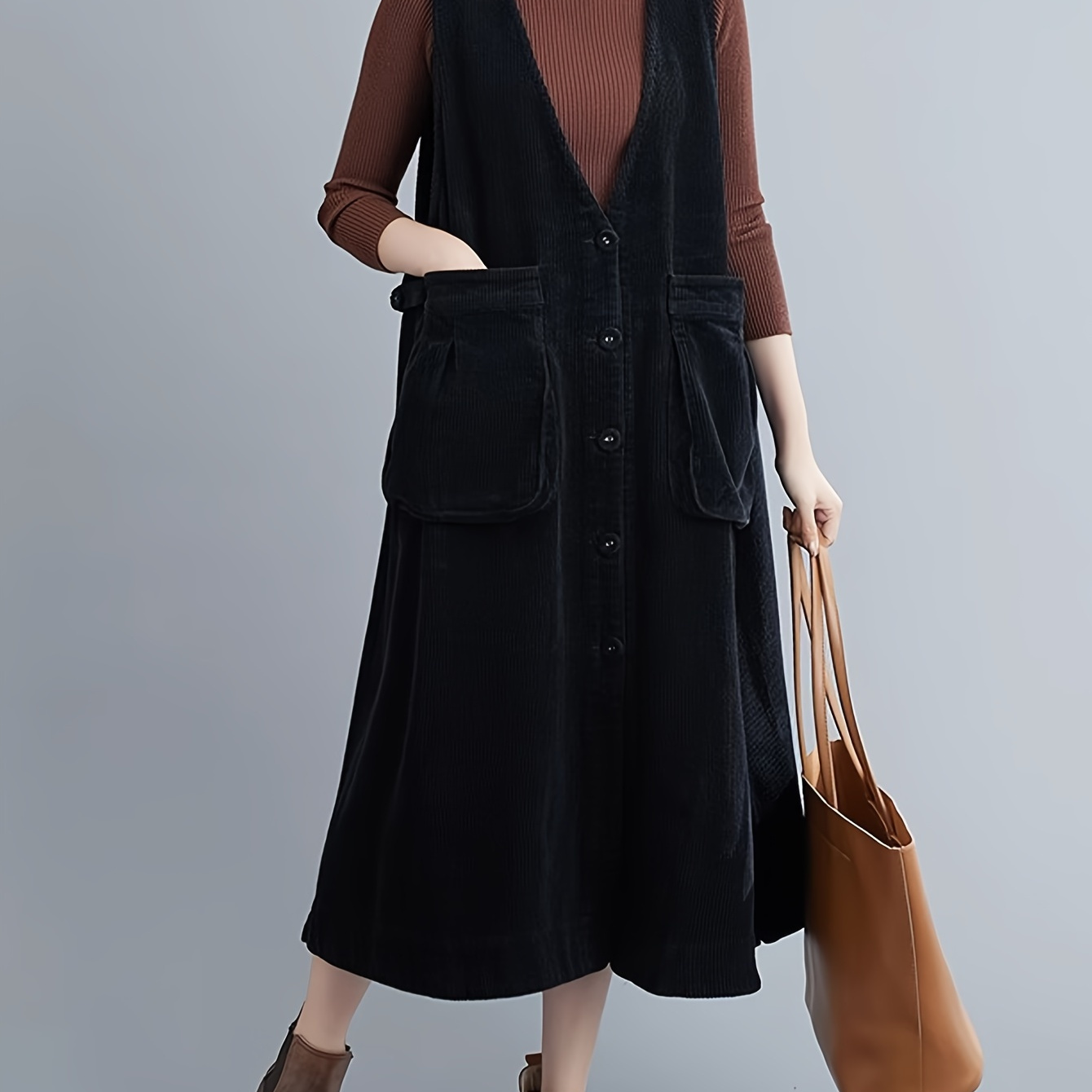 

Adult Casual V-neck Corduroy Jumpsuit Dress With Pockets - Woven Polyester Solid Color Sleeveless Waistcoat Dress For Fall/winter