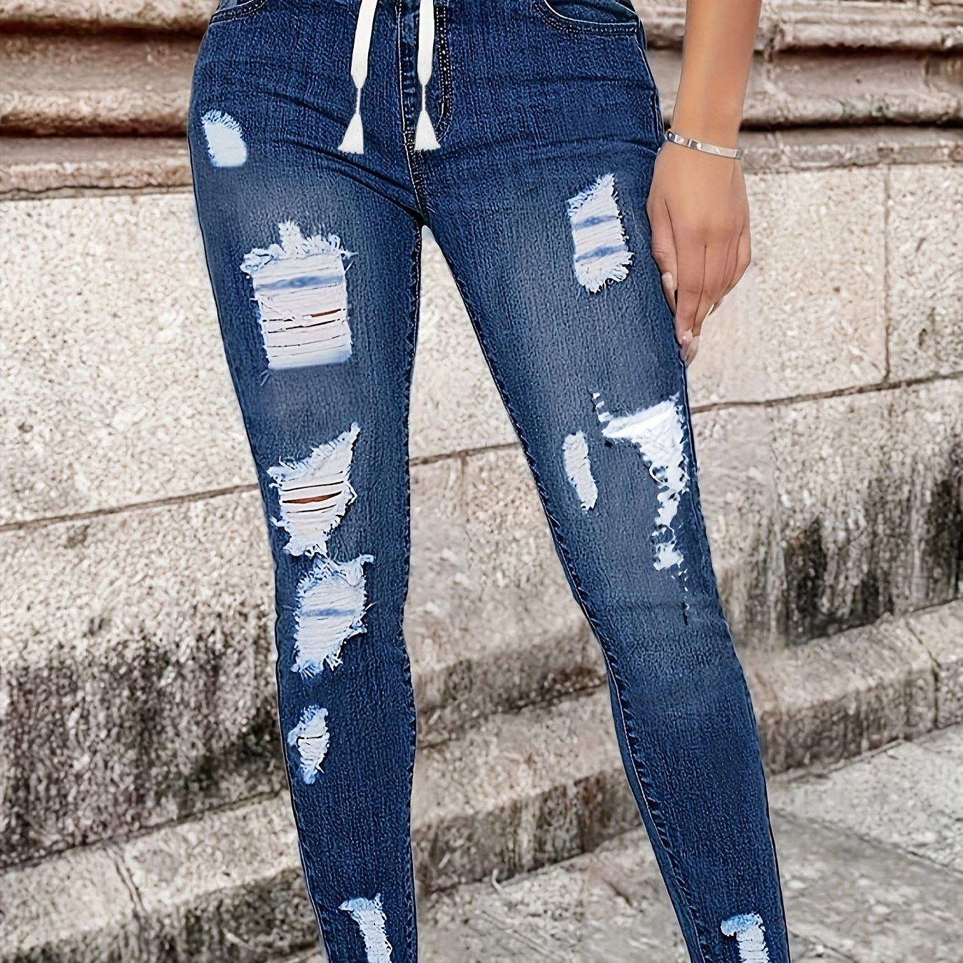 

Blue Elastic Waist Skinny Jeans, Ripped Holes Frayed Hem Mid-stretch Tight Jeans, Women's Denim Jeans & Clothing