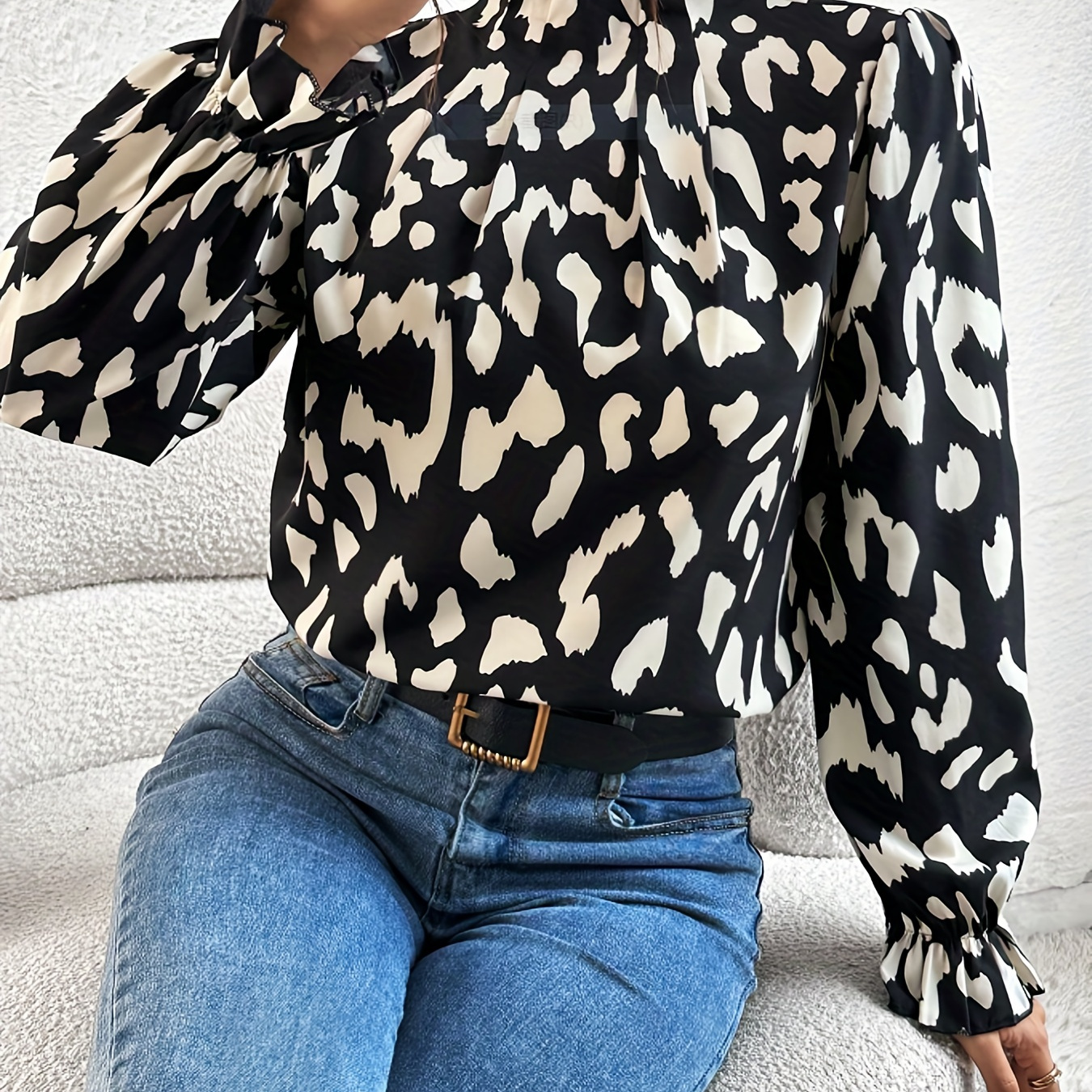 

Leopard Print Keyhole Blouse, Elegant Tucked Long Sleeve Blouse, Women's Clothing