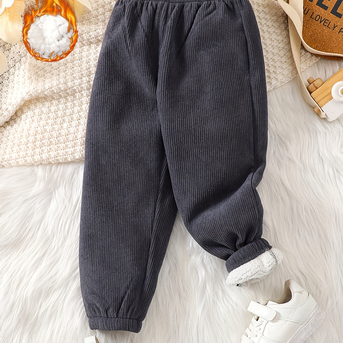 

Boy's Casual Comfy Warm Plush Pants, Plain Color Corduroy Trousers For Winter Daily And Outdoor Wear