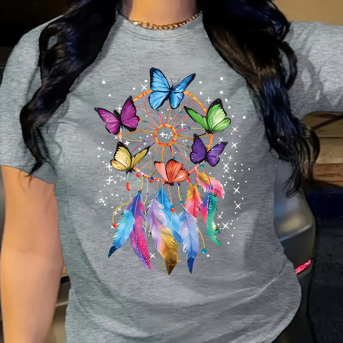 

Colorful Butterfly Wind Chimes Print Graphic T Shirt, Breathable Short Sleeve Crew Neck Summer Tee, Women's Top