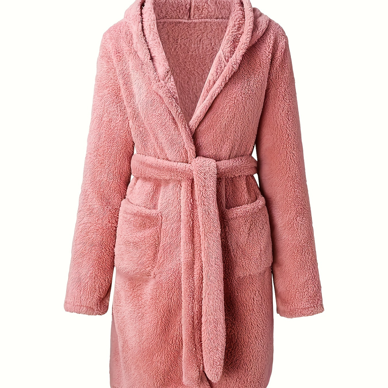 

Solid Fuzzy Hooded Night Robe, Long Sleeve Pocket Robe With Belt, Women's Sleepwear