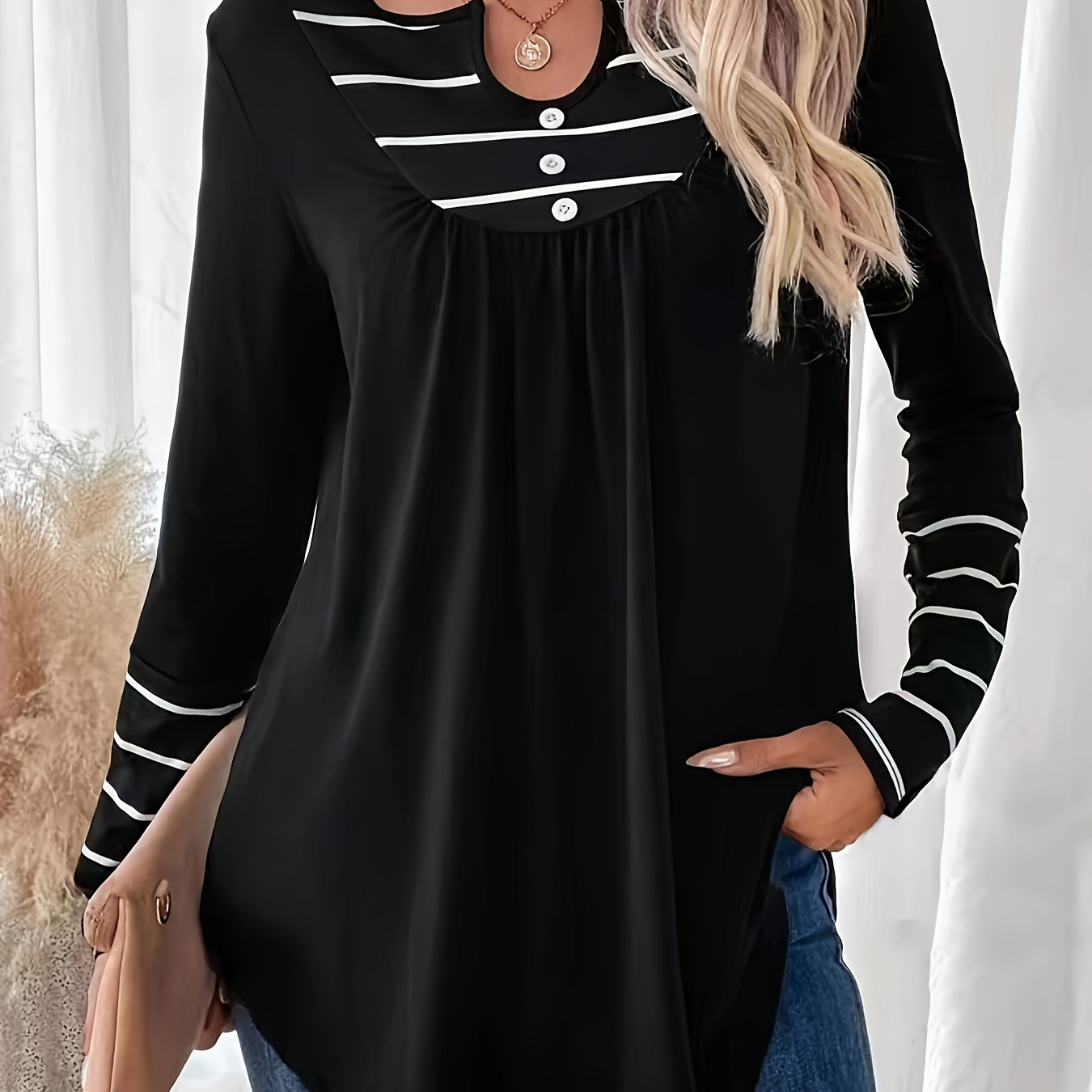 

Women's Casual Striped Long Sleeve Knit Top With Button Detail - Crew Neck, Machine Washable