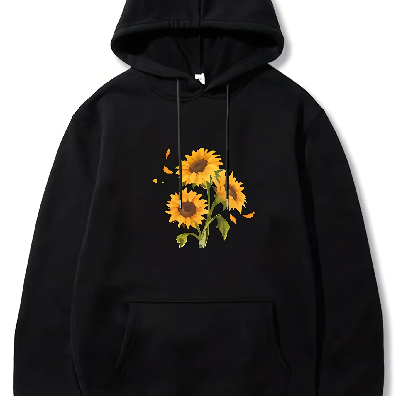 

Sunflower Applique Hooded Sweatshirt - 100% Polyester Sports Active Hoodie With Slight Stretch, Regular Fit Knit Fabric, Geometric Pattern Design