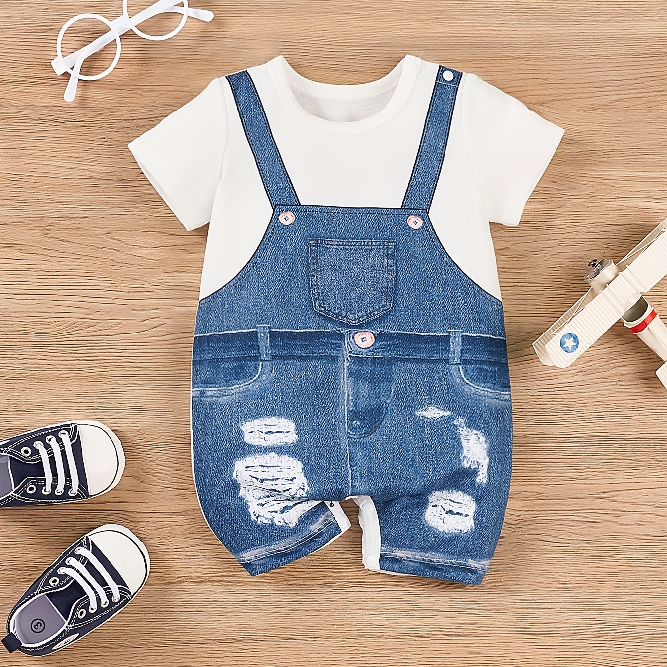 

Baby Boys' Casual Short Sleeve Romper, Denim Look With Ripped Pattern Print, Round Neck Onesie, Snap Closure, Infant Bodysuit Shorts, Summer Outfit For Newborn Boys