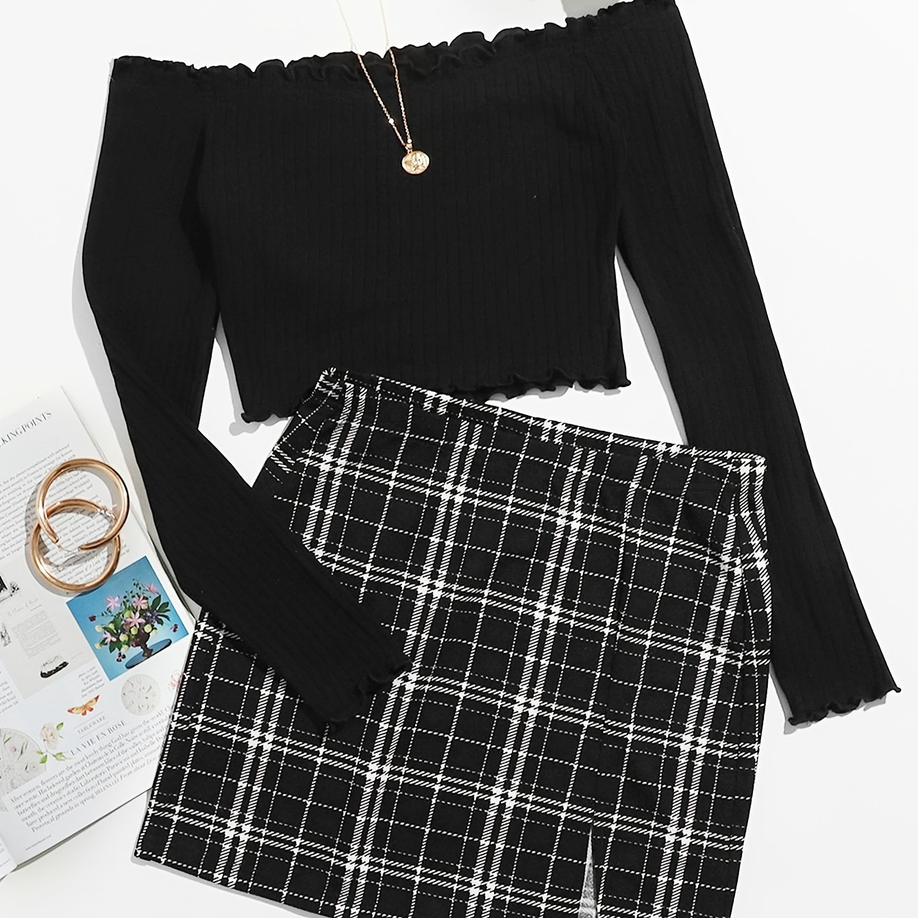 

Casual Two-piece Skirt Set, Ribbed Off Shoulder Long Sleeve Crop Top & Plaid Pattern Split Skirt Outfits, Women's Clothing