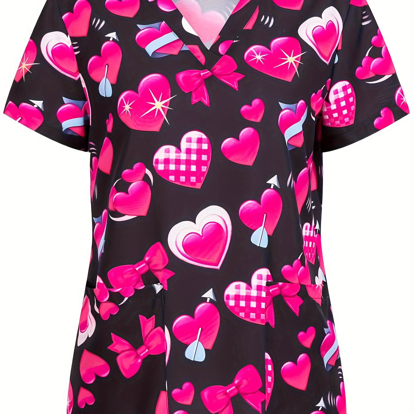 

Heart Print V Neck Scrub Tops, Elegant Short Sleeve Patch Pockets Medical Nurse Uniform, Women's Clothing