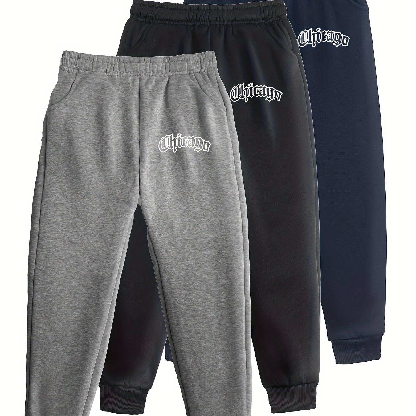 

3pcs Boy's 'chicago' Print Sweatpants, Outdoor Casual Stylish Sports Jogger Trousers As Gift