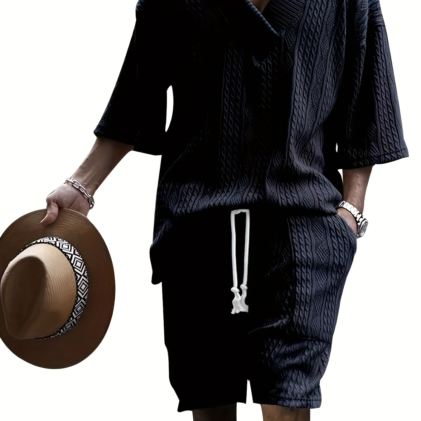 

Men's Outfit, Solid Casual V Neck Short Sleeve Shirt & Drawstring Shorts 2-piece Set For Summer Outdoor Activities
