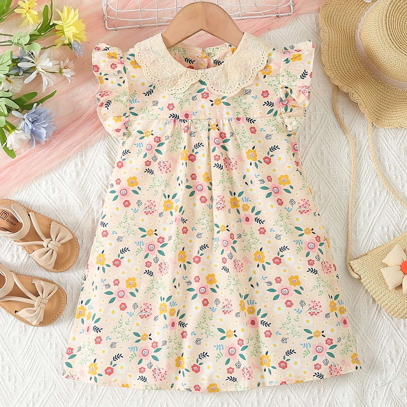 

Baby's Pastoral Style Floral Pattern Dress, Lace Collar Cap Sleeve Cotton Dress, Infant & Toddler Girl's Clothing For Summer/spring