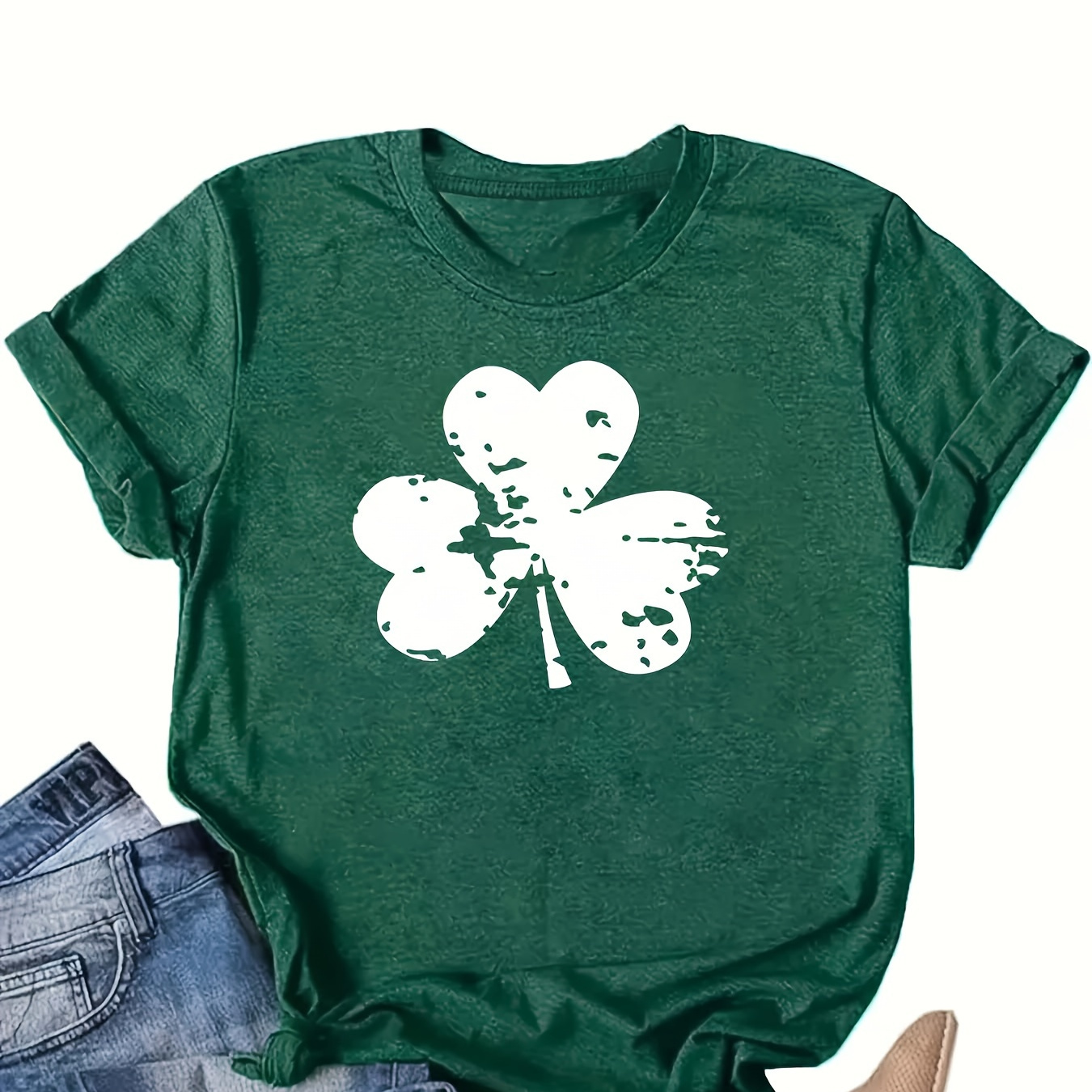 

Clover Print Crew Neck T-shirt, Casual Short Sleeve T-shirt For Summer, Women's Clothing