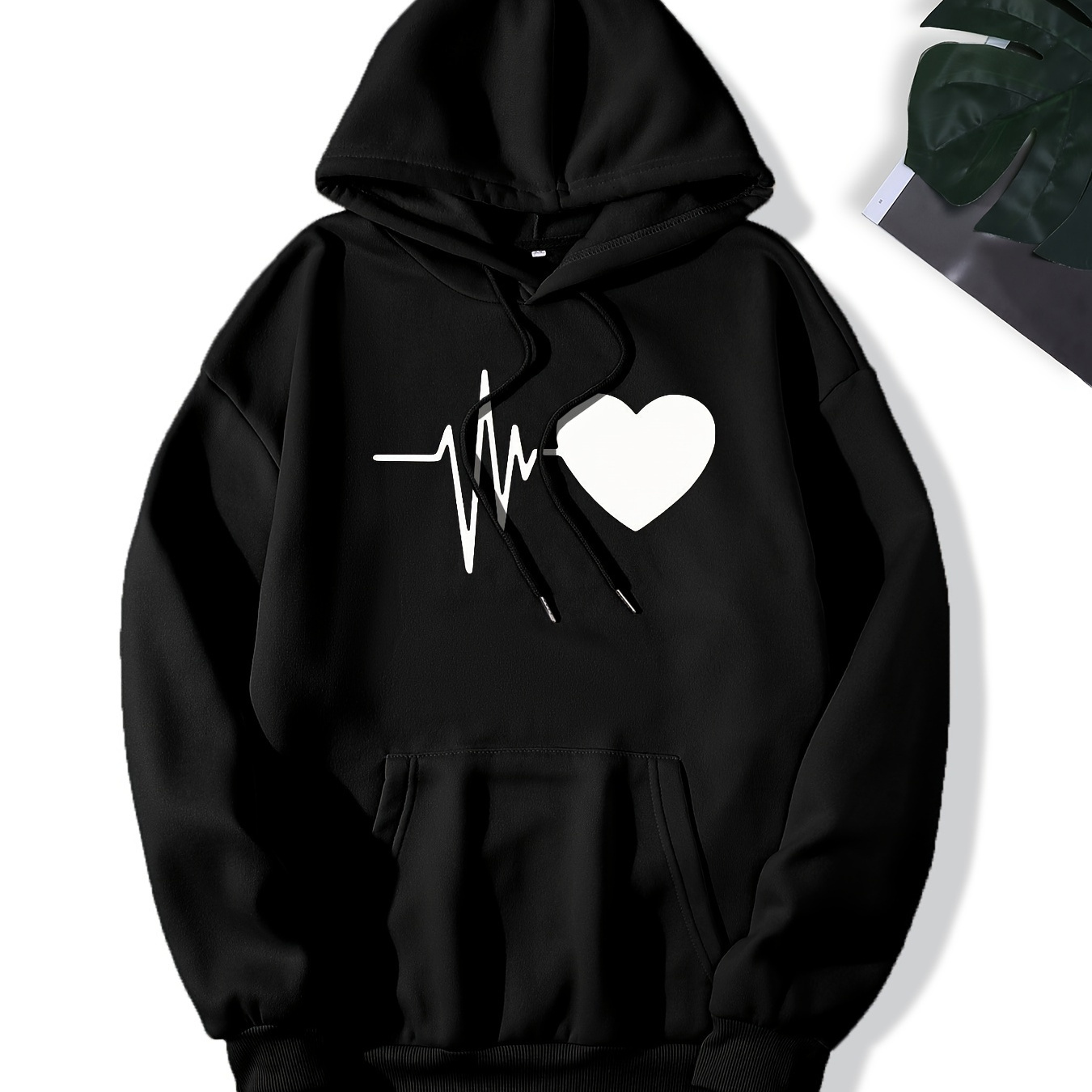 

Heart Print Hoodies, Casual Drawstring Long Sleeve Kangaroo Pocket Sweatshirt, Women's Clothing