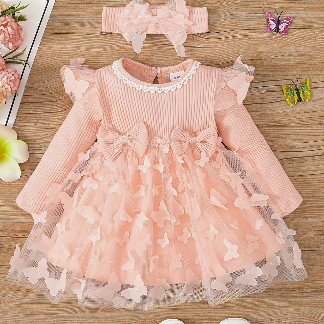 2pcs Baby Girls Cute Butterfly Decor Long Sleeve Bowknot Mesh Dress & Headband Set Clothes