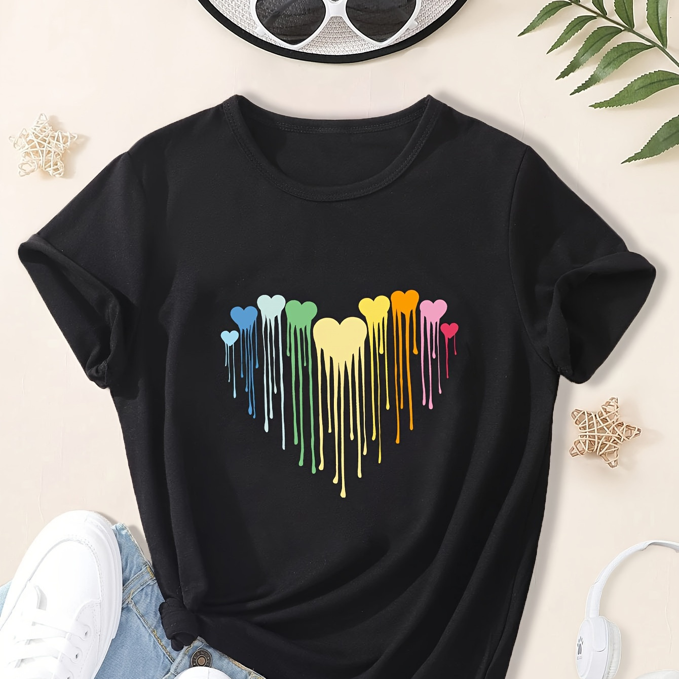 

Girls Tie Dye Heart Print Short Sleeve T-shirt Summer Clothes Gift