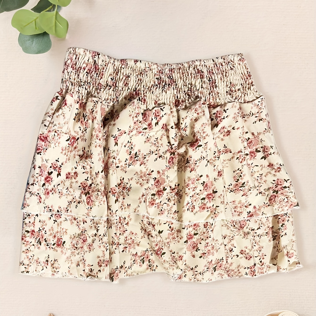 

Floral Print Shirred Waist Skirt, Elegant Tiered Ruffle Hem Mini Skirt For Summer, Women's Clothing
