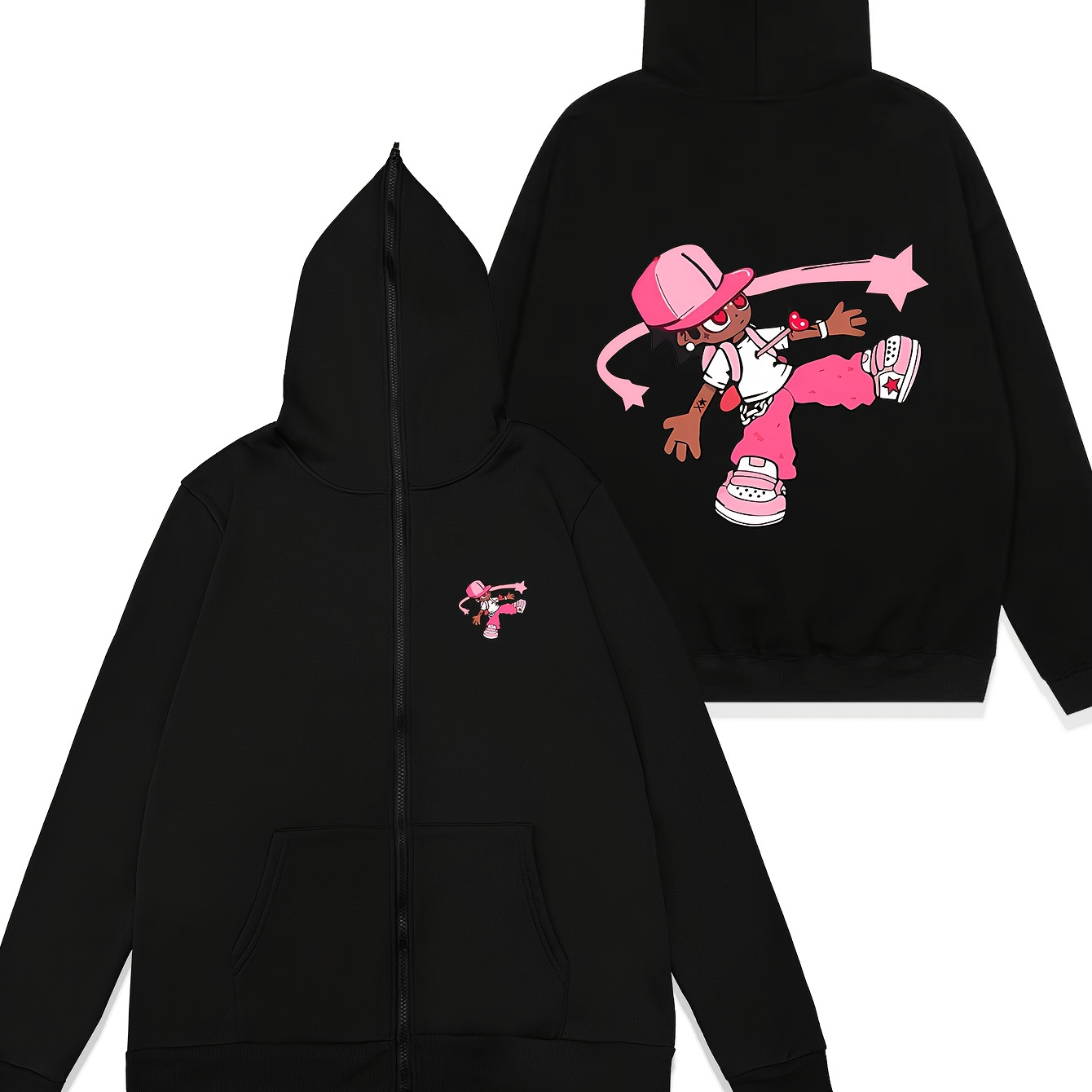 

Men's Casual Zip-up Hoodie With Cartoon Print - Lightweight, Polyester, Machine Washable, Gray With Pink Accents, Knit Fabric, Sporty |cartoon Print Hoodie|polyester Fabric, Full Zip Hoodie