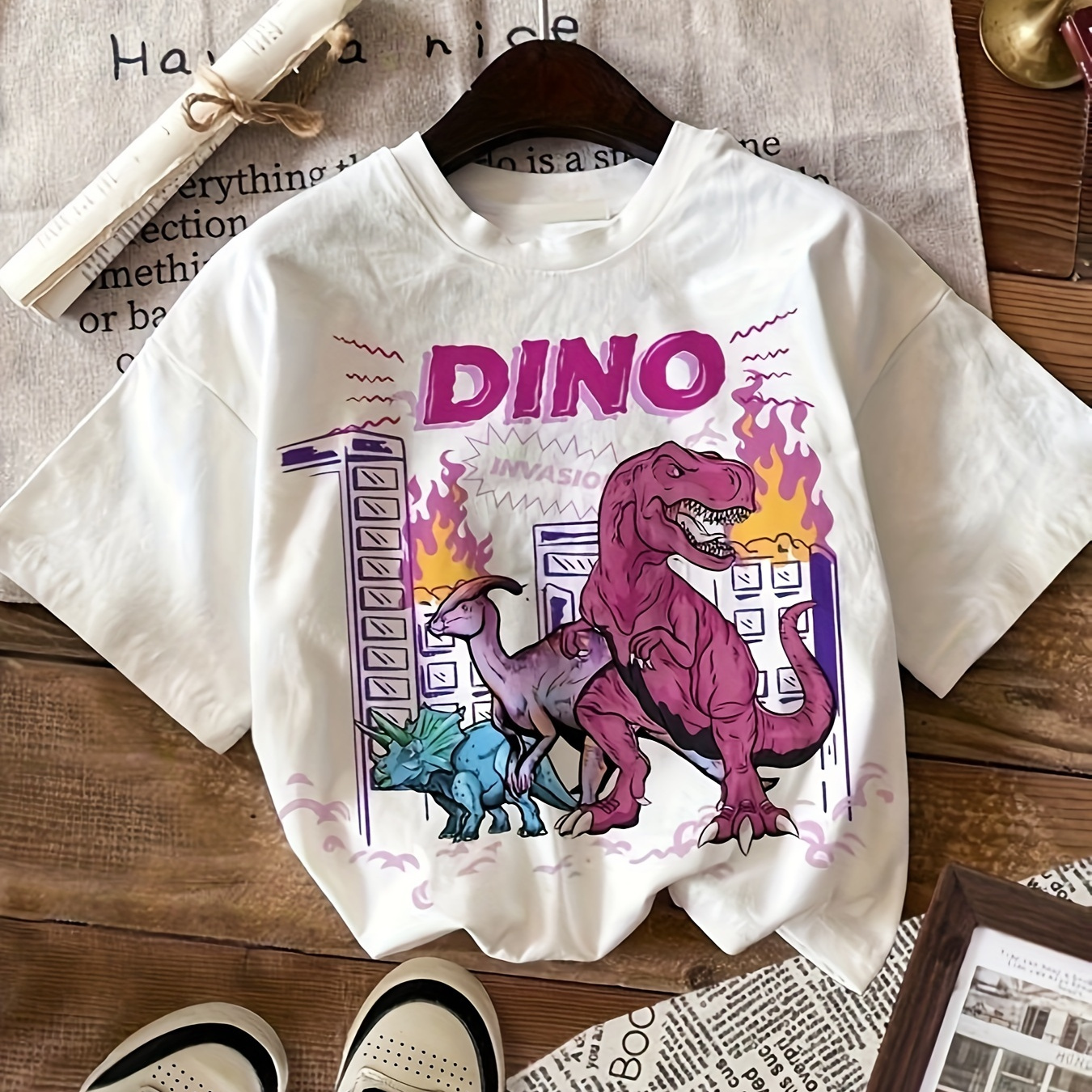 

Dinosaur & T-shirt, Crew Neck Short Sleeve Top For , Women's Clothing