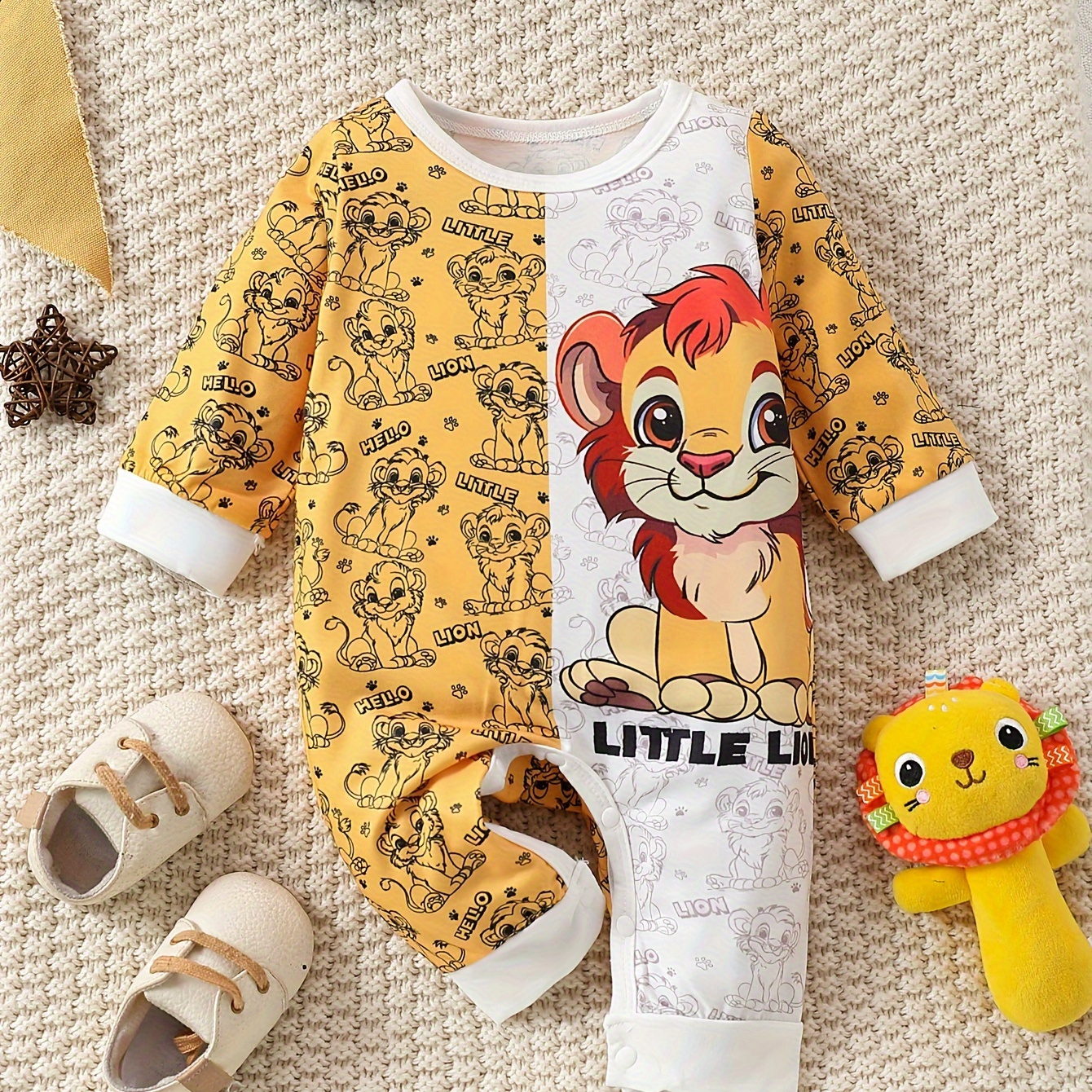 

Baby Boys Cute Lion Print Round Neck Bodysuit, Comfy Long Sleeve Onesie, Baby Boy's Clothing