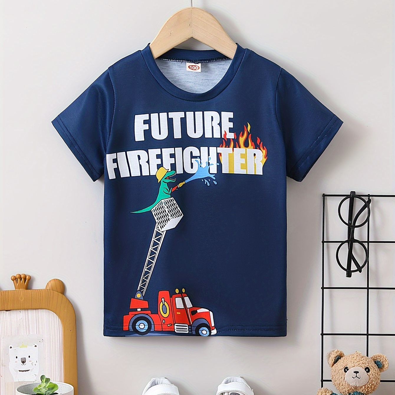 

Cartoon Dinosaur Firefighter Print T-shirt, Tees For Kids Boys, Casual Short Sleeve T-shirt For Summer Spring Fall, Tops As Gifts