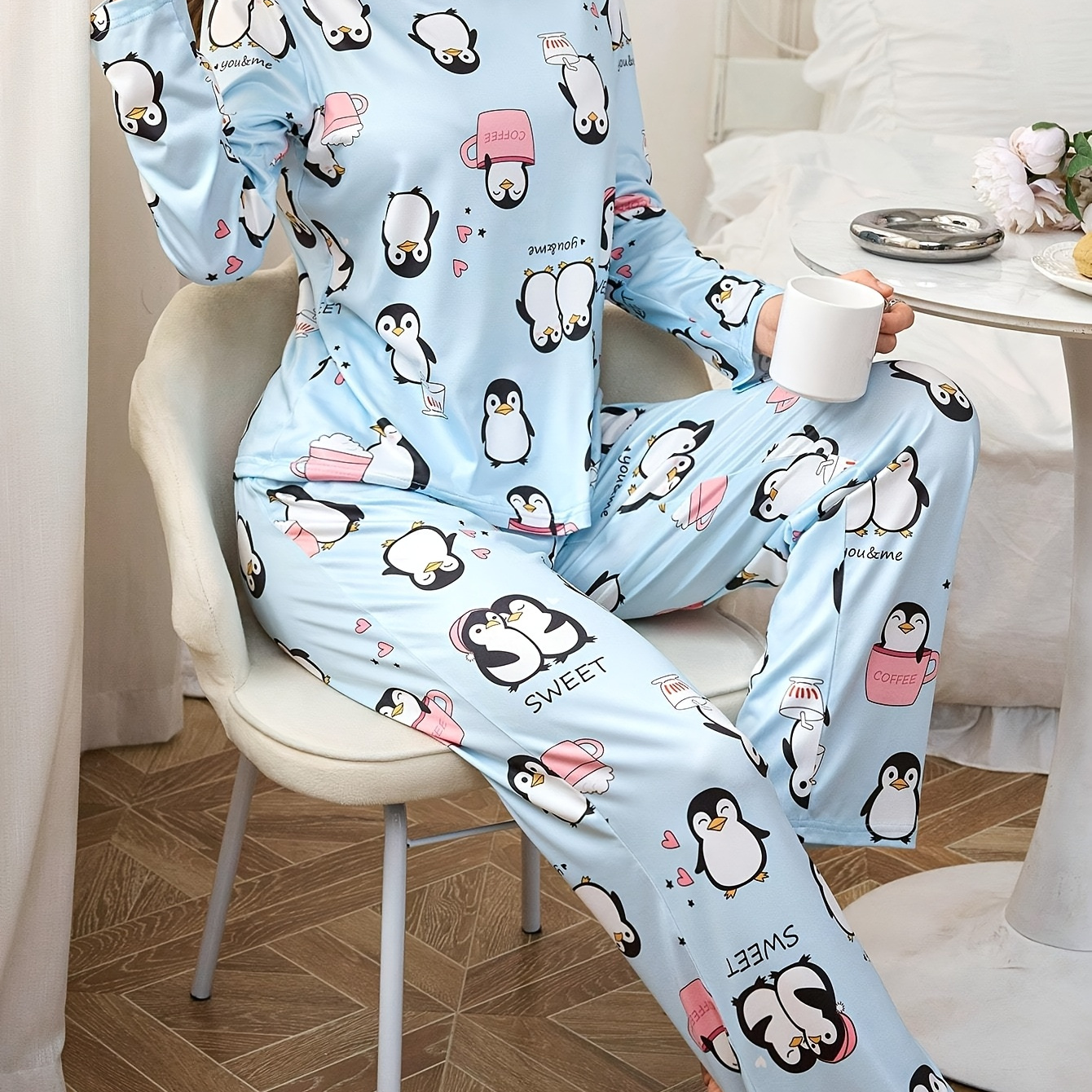 Set Pigiama In Raso Per Bambina - Motivo Pinguini Invernali, Maniche Lunghe, Bottoni, Taglia 5-6 Anni