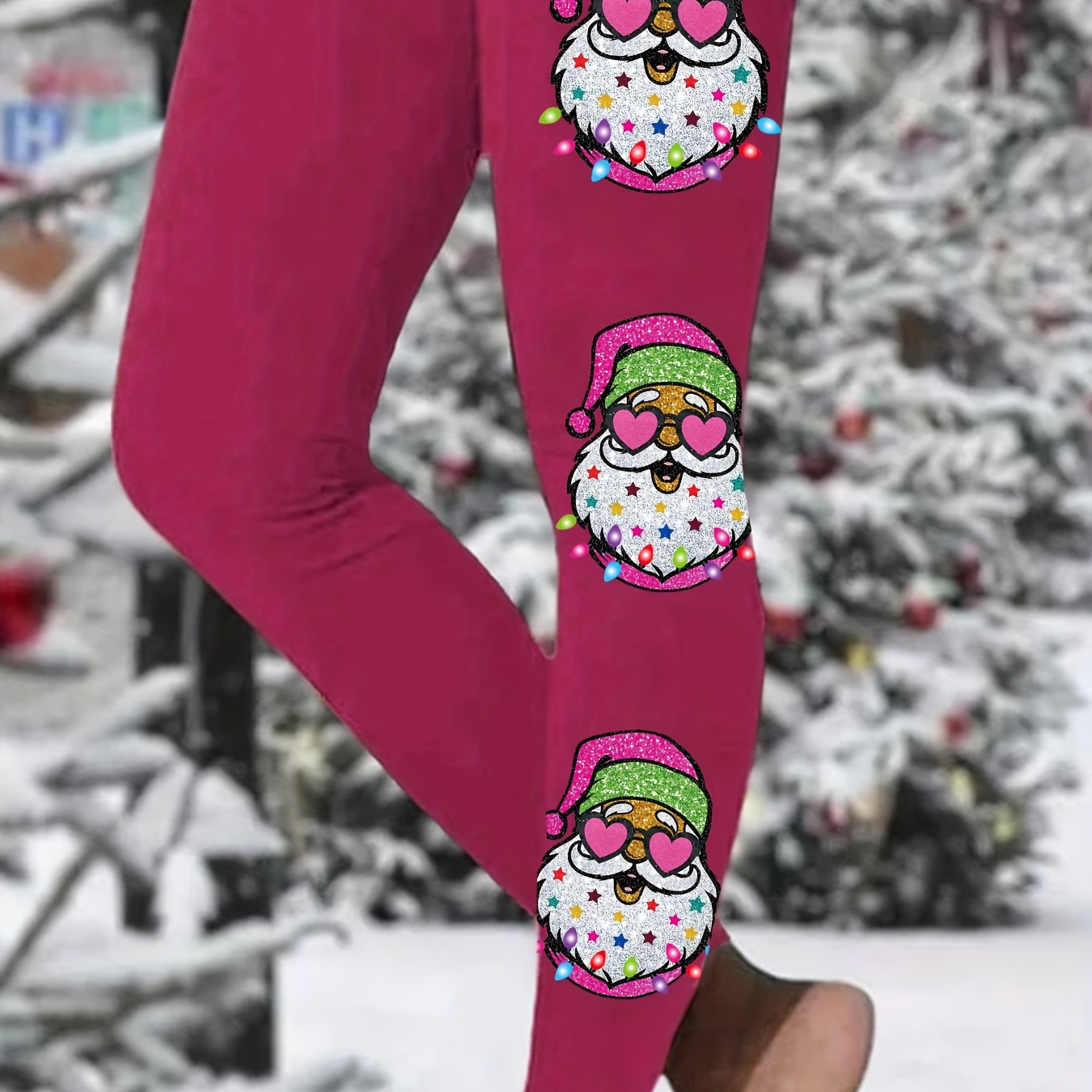 

Christmas Santa Claus Print Skinny Leggings, Casual Waist Stretchy Leggings, Women's Clothing