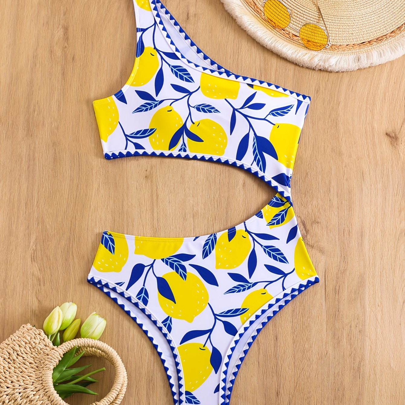 

Women's One-piece Swimsuit, Casual Lemon Print, High Cut, 1 Shoulder Asymmetrical, Summer Beachwear