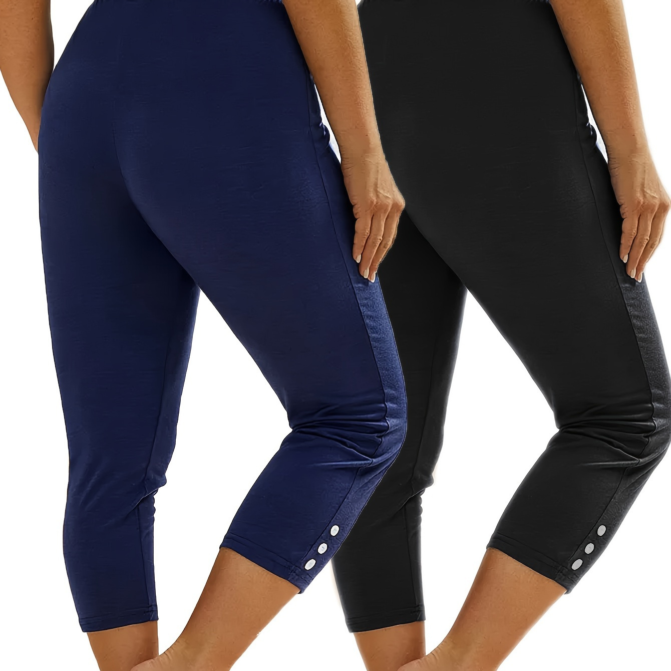 

2 Pack Plus Size Sports Leggings Set, Women's Plus Solid Button Decor High Waisted Stretchy Running Yoga Capri Pants 2 Piece Set