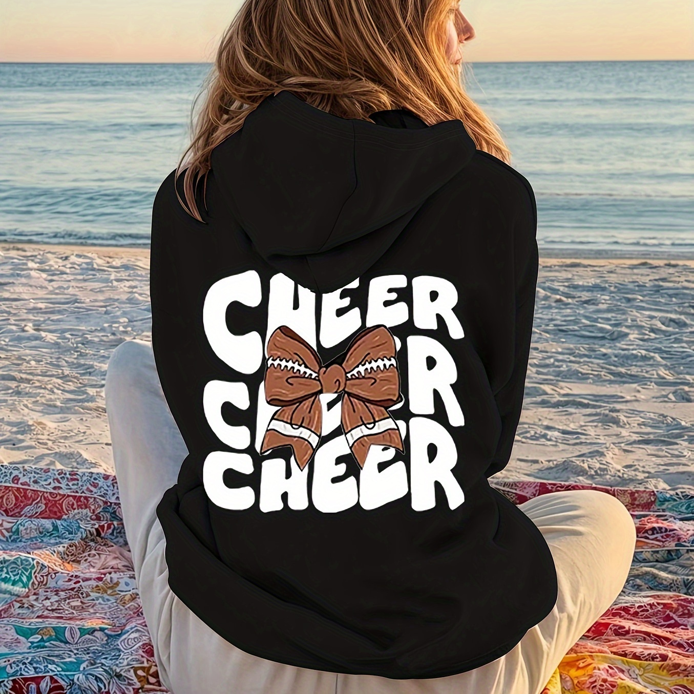 

Cheerful Cheer Bow Hoodie - Fall/winter Women's Casual Sweatshirt With Graphic Print