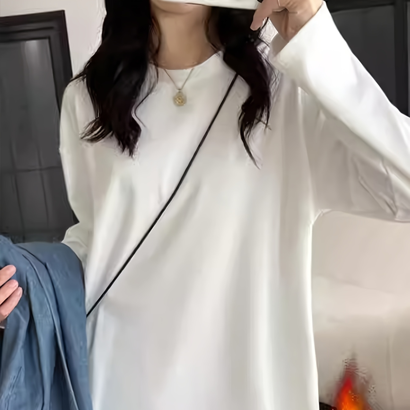 

Women's Casual Crew Neck T-shirt, 95% Polyester 5% Elastane, Long Sleeve Slimming Top, Solid Color Knit Fabric, 220g/m², Regular Length - Spring/fall Warm Layering Piece