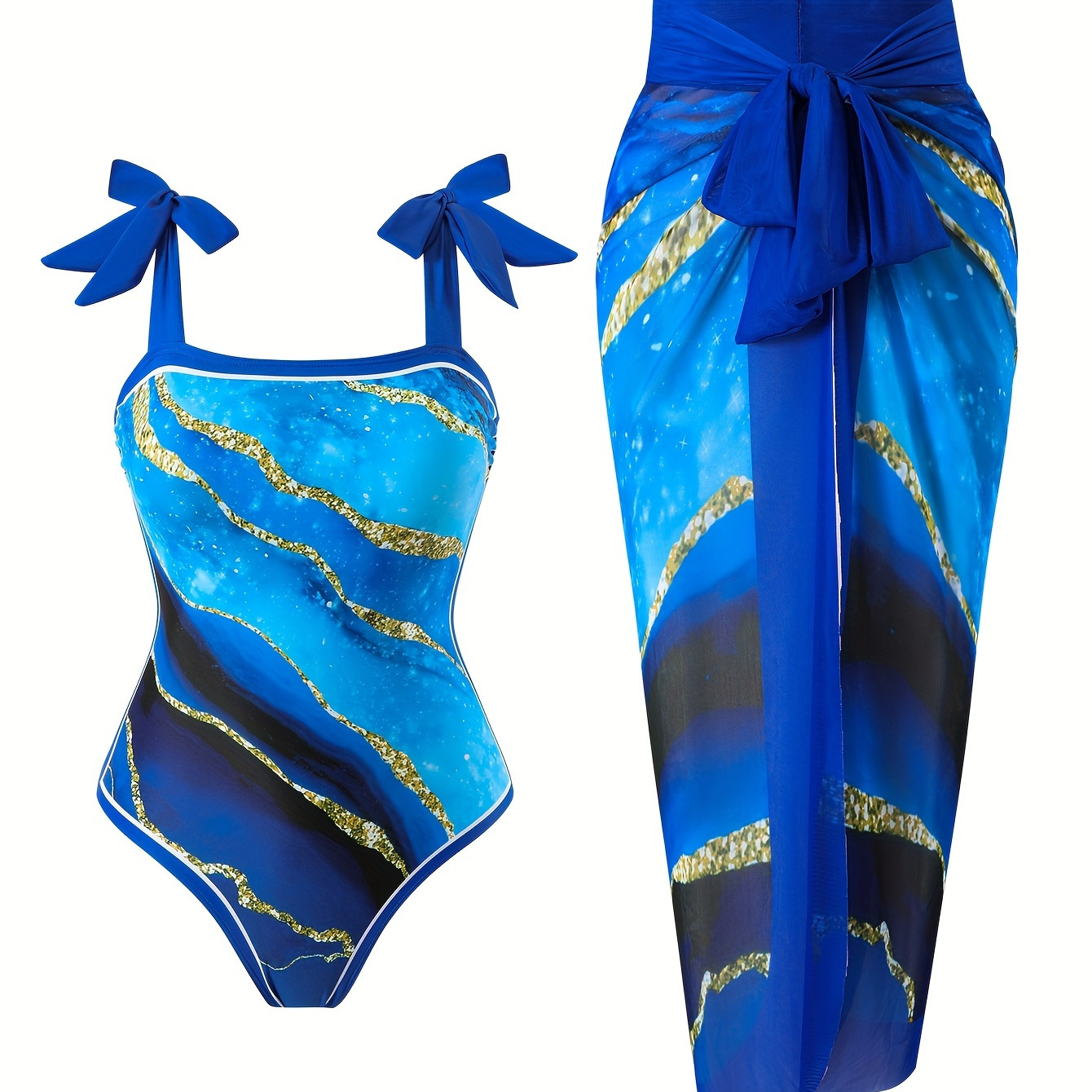 

Women's Plus Size One-piece Swimsuit With Skirt, Conservative Style, Blue & Golden Marble Pattern, Beachwear With Bow Tie Shoulders, Comfort Fit