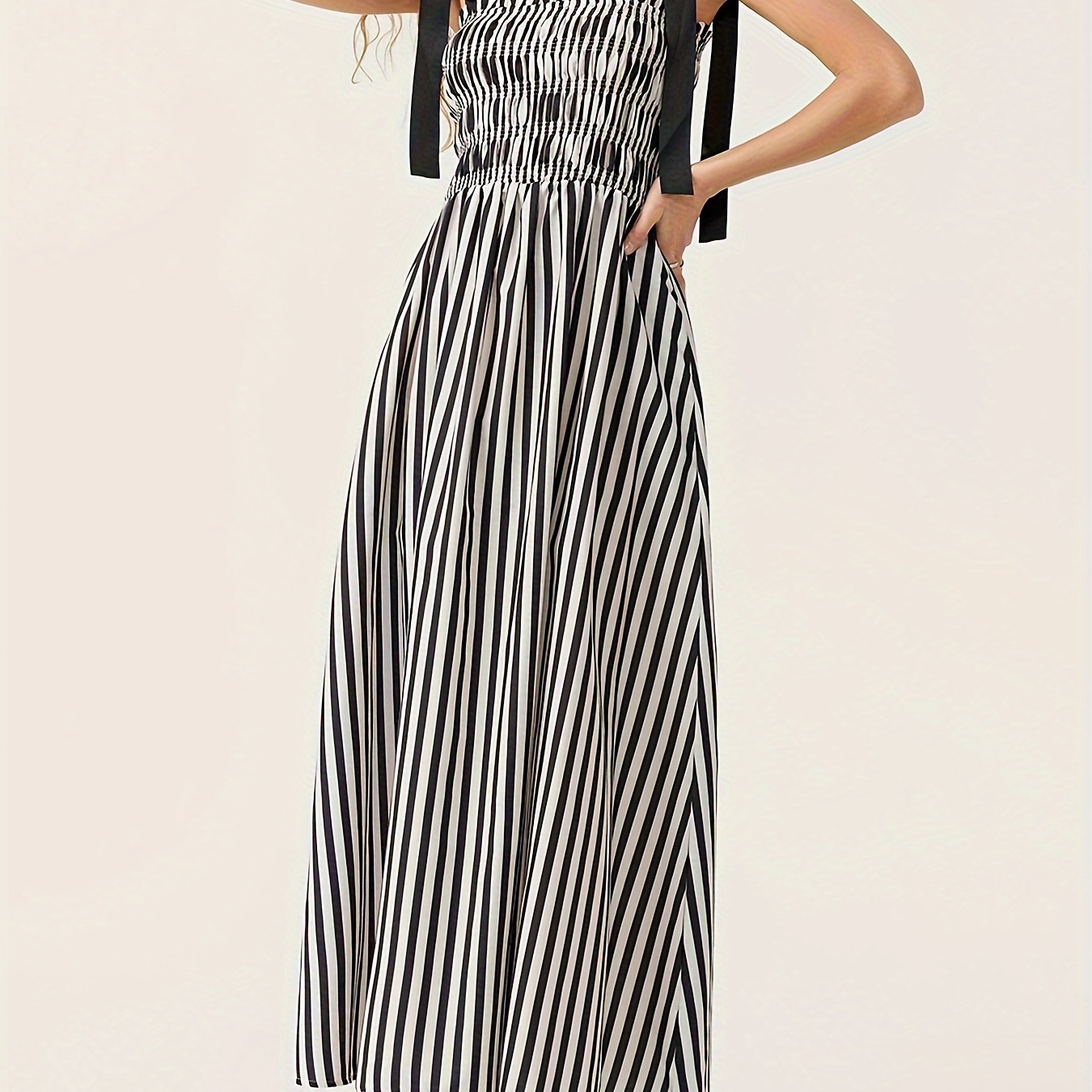 

Women Tie-up Shoulder Strap Sleeveless Stripe Long Dress Summer