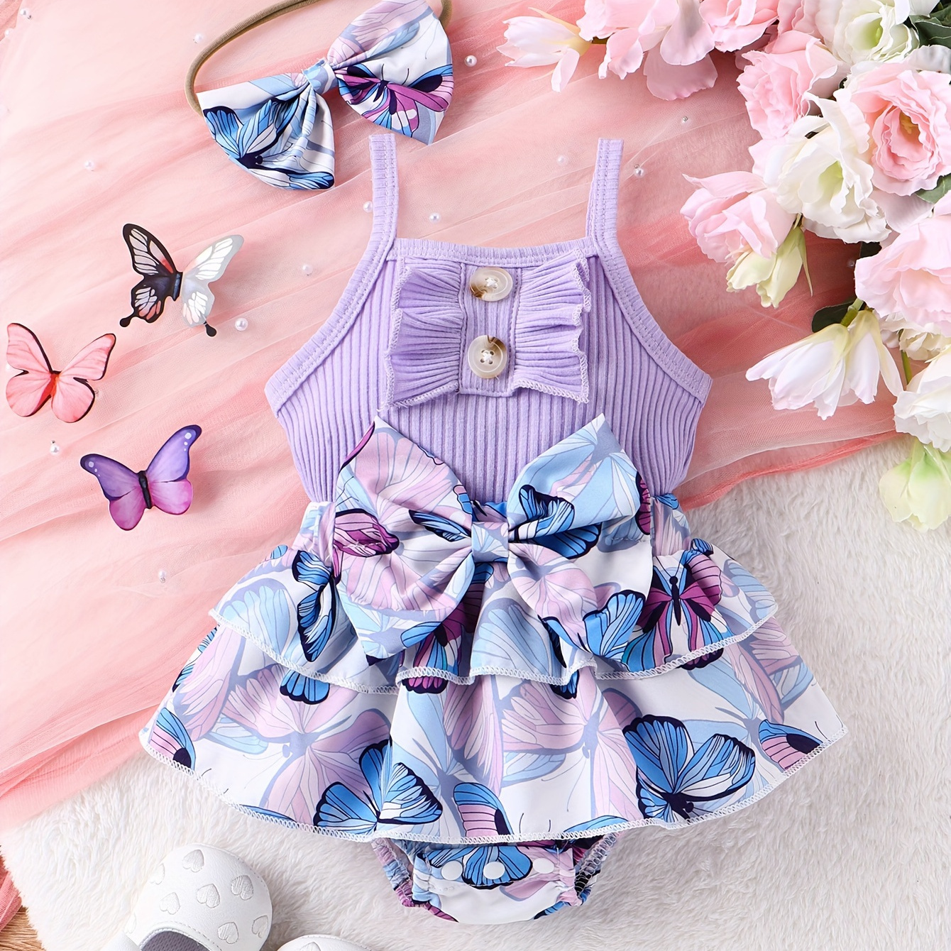 

Baby's Bowknot Decor Butterfly Pattern Triangle Bodysuit, Stylish Ribbed Sleeveless Layered Romper Dress, Toddler & Infant Girl's Onesie For Summer, As Gift