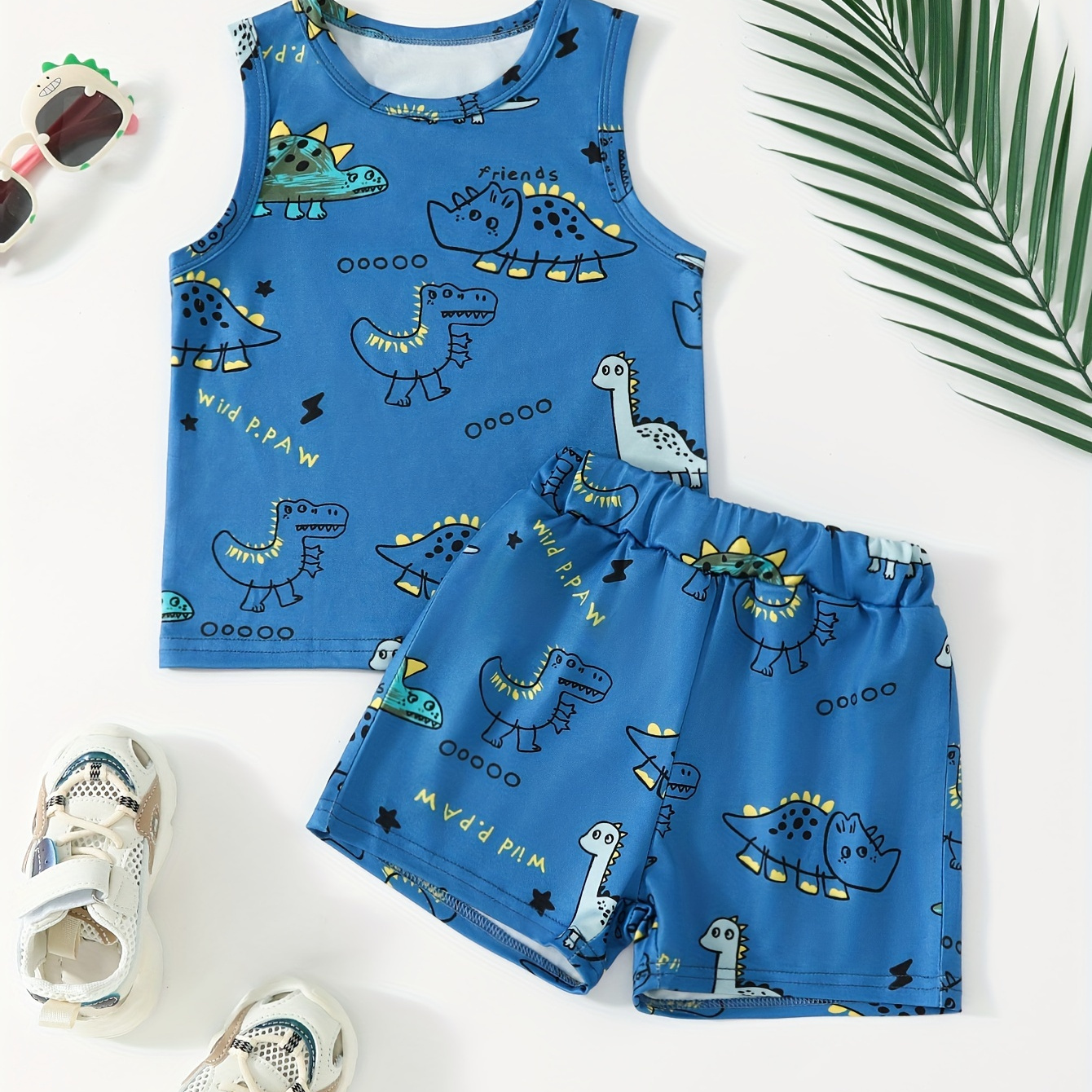 

2pcs Infant & Toddler's Dinosaur Print Summer Set, Sleeveless Tank Top & Casual Shorts, Baby Boy's Clothes