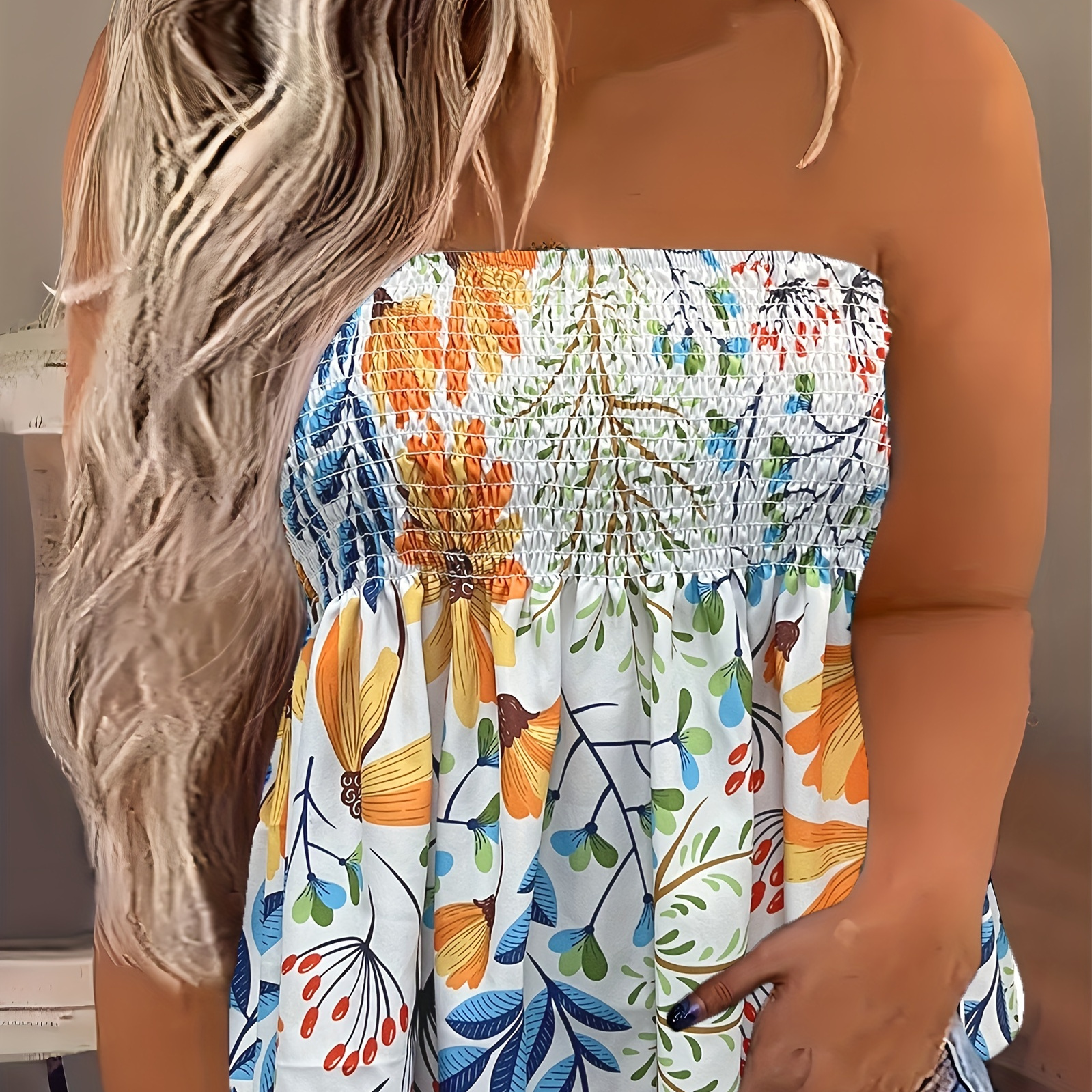 

Plus Size Sexy Top, Women's Plus Floral Print Shirred Strapless Slight Stretch Vacay Tube Top