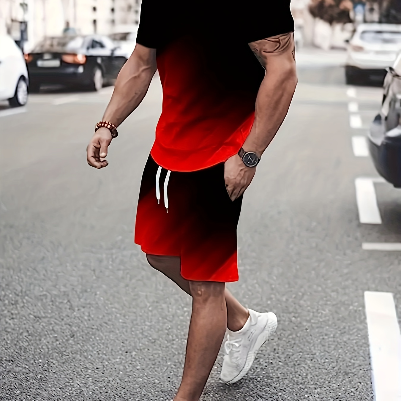 

Plus Size 2-piece Gradually Changing Body Printed Men's Short Sleeved Round Neck T-shirt And Drawstring Shorts Set, Comfortable And Breathable, Must-have For Trendy Men's Oversized Clothing