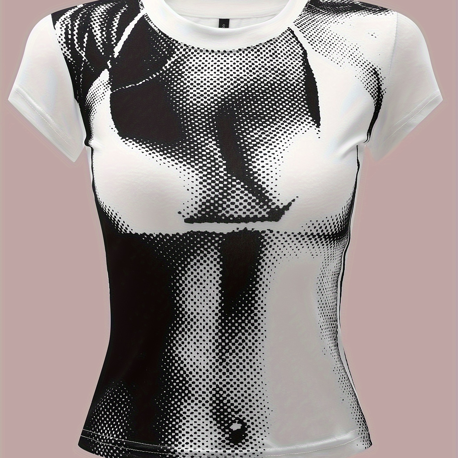 

Women's Geometric Pattern Crew Neck T-shirt - Casual Polyester And Spandex Knit Fabric, Short Length, Spring/summer Top