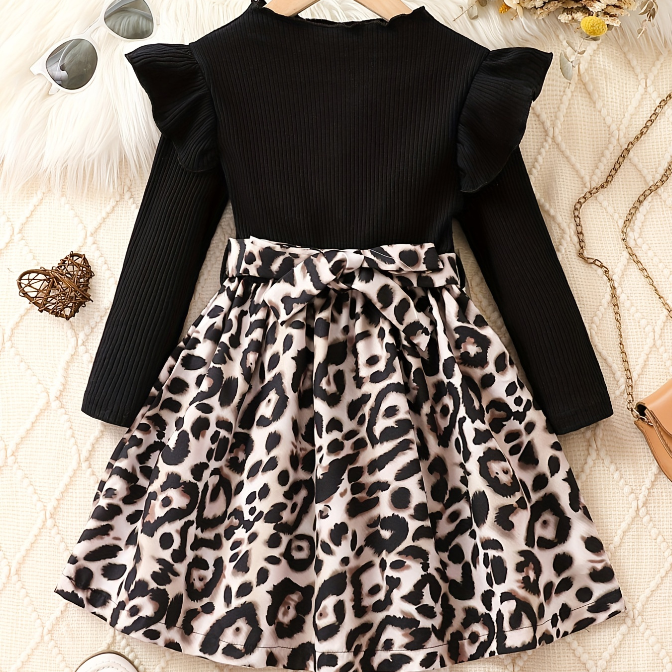 

Girl's Leopard Print Stitching Rib Knit Comfort Fit Long Sleeve Dress For Party Going Out, Kid's Dresses Gift Idea
