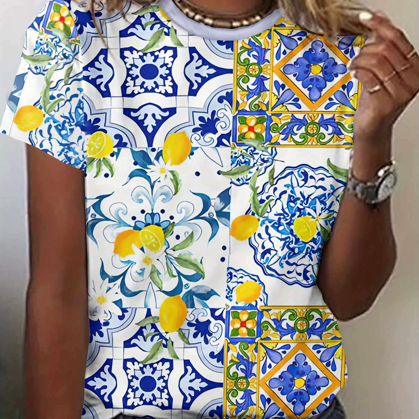 

Ethnic Retro Floral & Lemon Print Short Sleeve T-shirt, Casual Crew Neck Top For Spring & Summer, Women's Clothing