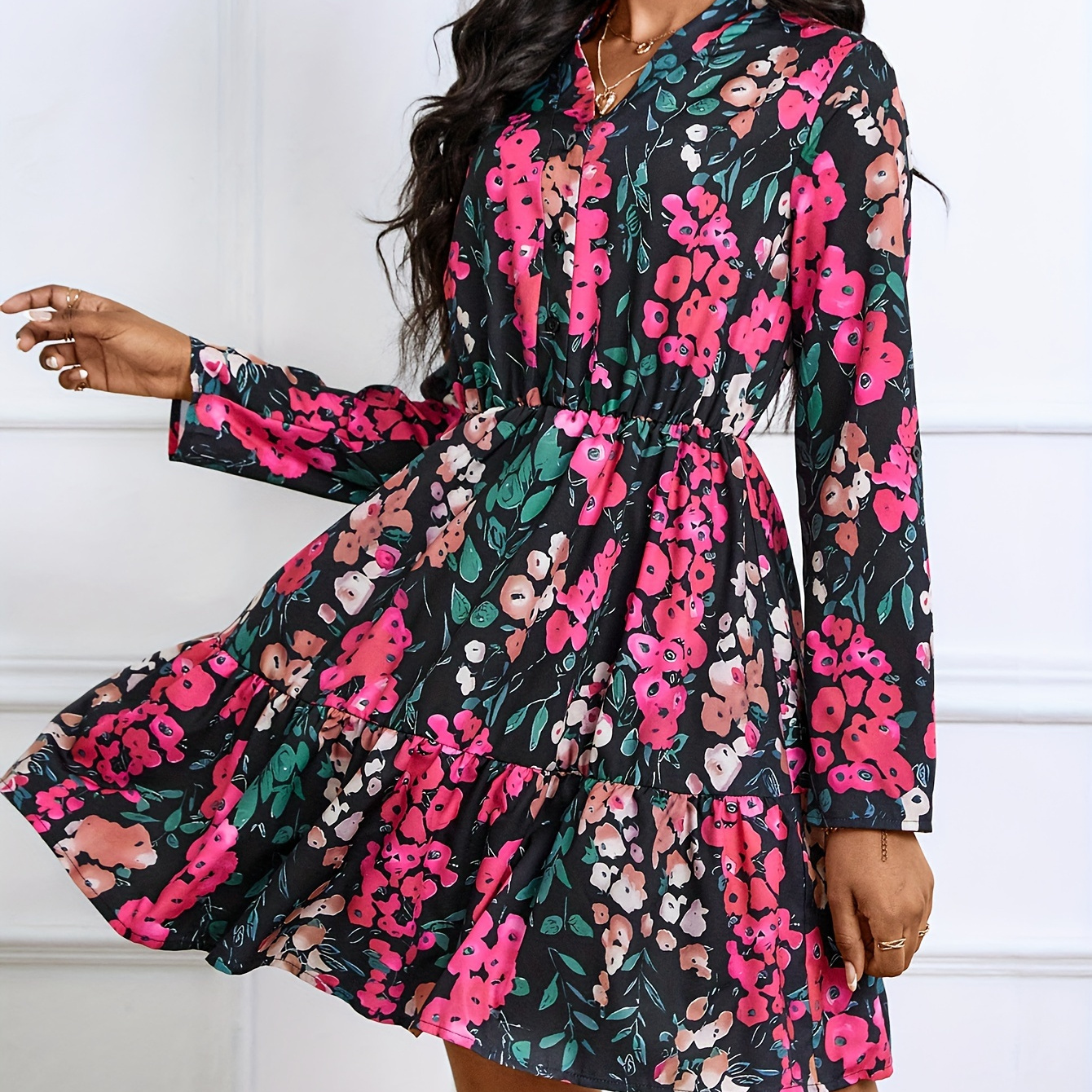 

Floral Print Cinched Waist Dress, Casual V Neck Long Sleeve Dress, Women's Clothing