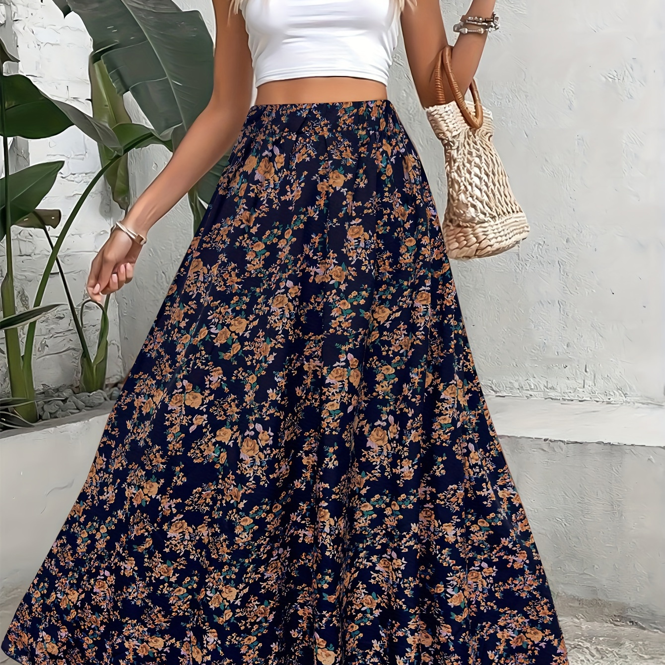 

Plus Size Floral Print Skirt, Casual Elastic Waist Skirt For Spring & Summer, Women's Plus Size clothing