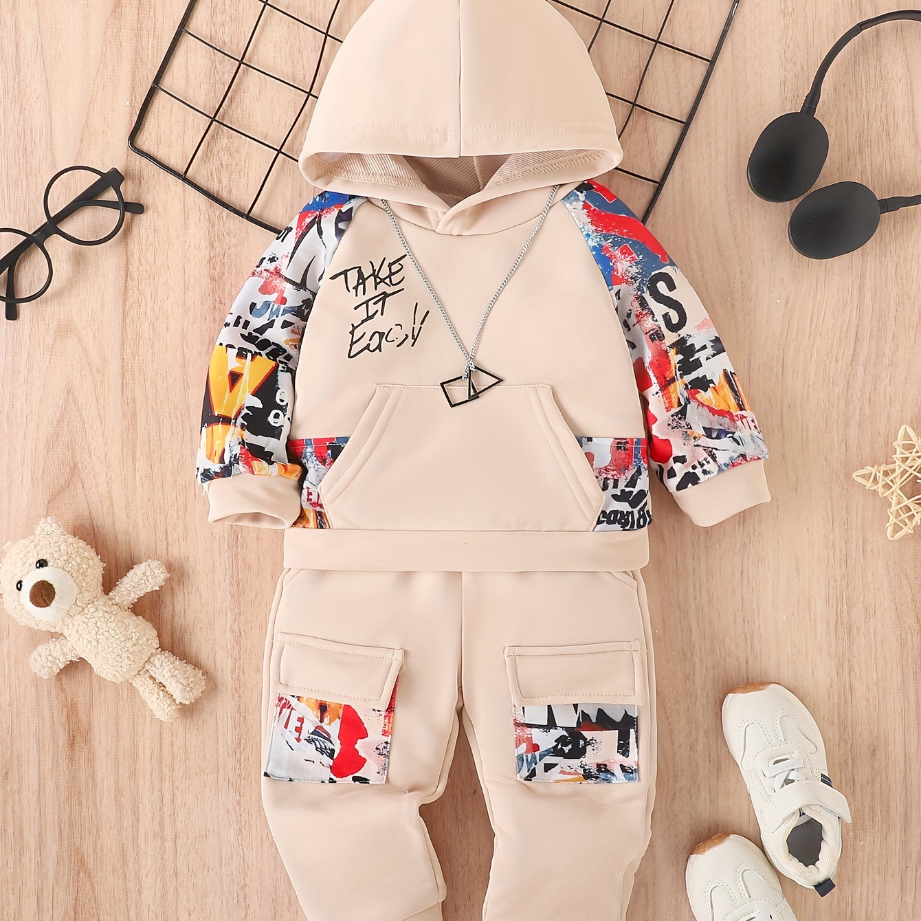 

2pcs 's Pattern & Pants, Toddler & Infant Boy's Clothing Set, Cloth