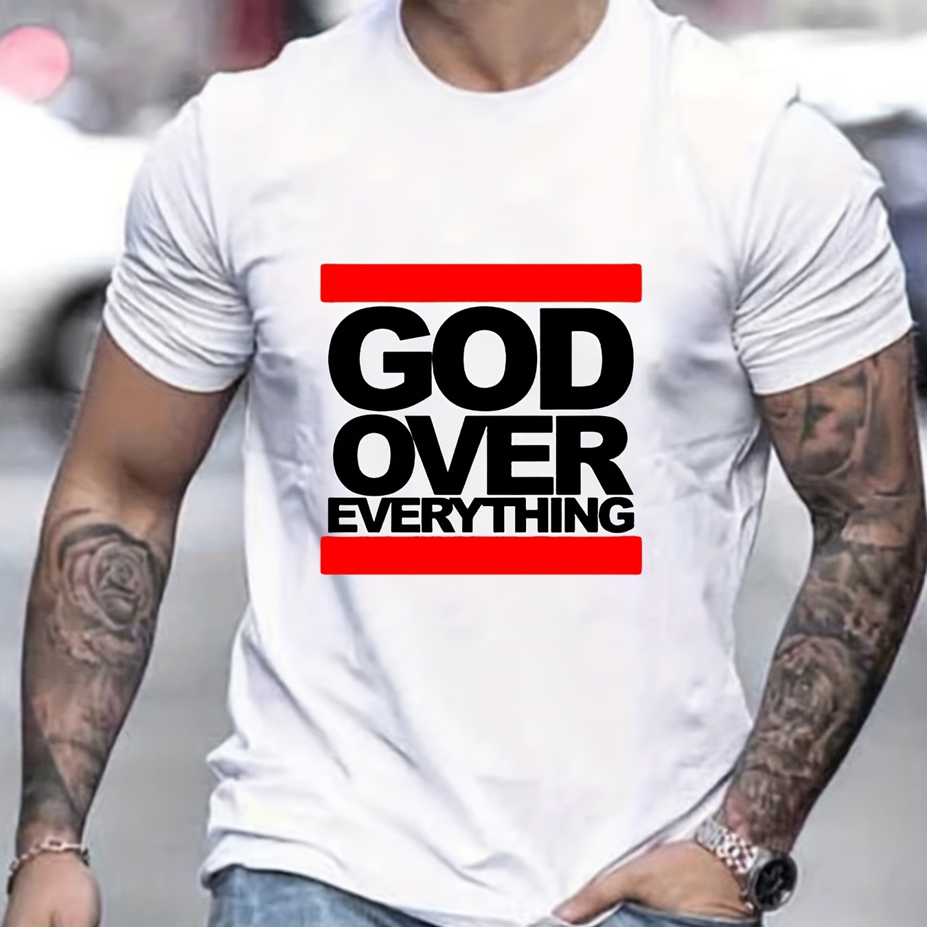 

"god Over Everything" Graphic Print Men's Creative Top, Casual Slightly Stretch Short Sleeve Crew Neck T-shirt, Men's Tee For Summer Outdoor