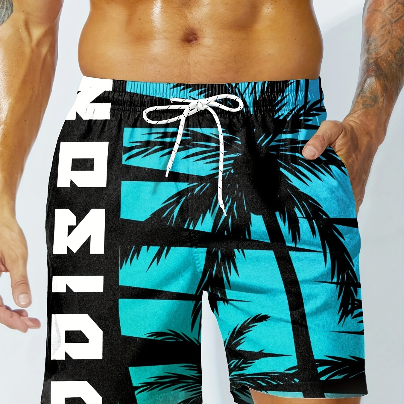 

Men's Casual Polyester Beach Shorts With Drawstring And Back Pocket, Print Flat Front Swim Trunks, Regular Fit Non-stretch Woven Board Shorts