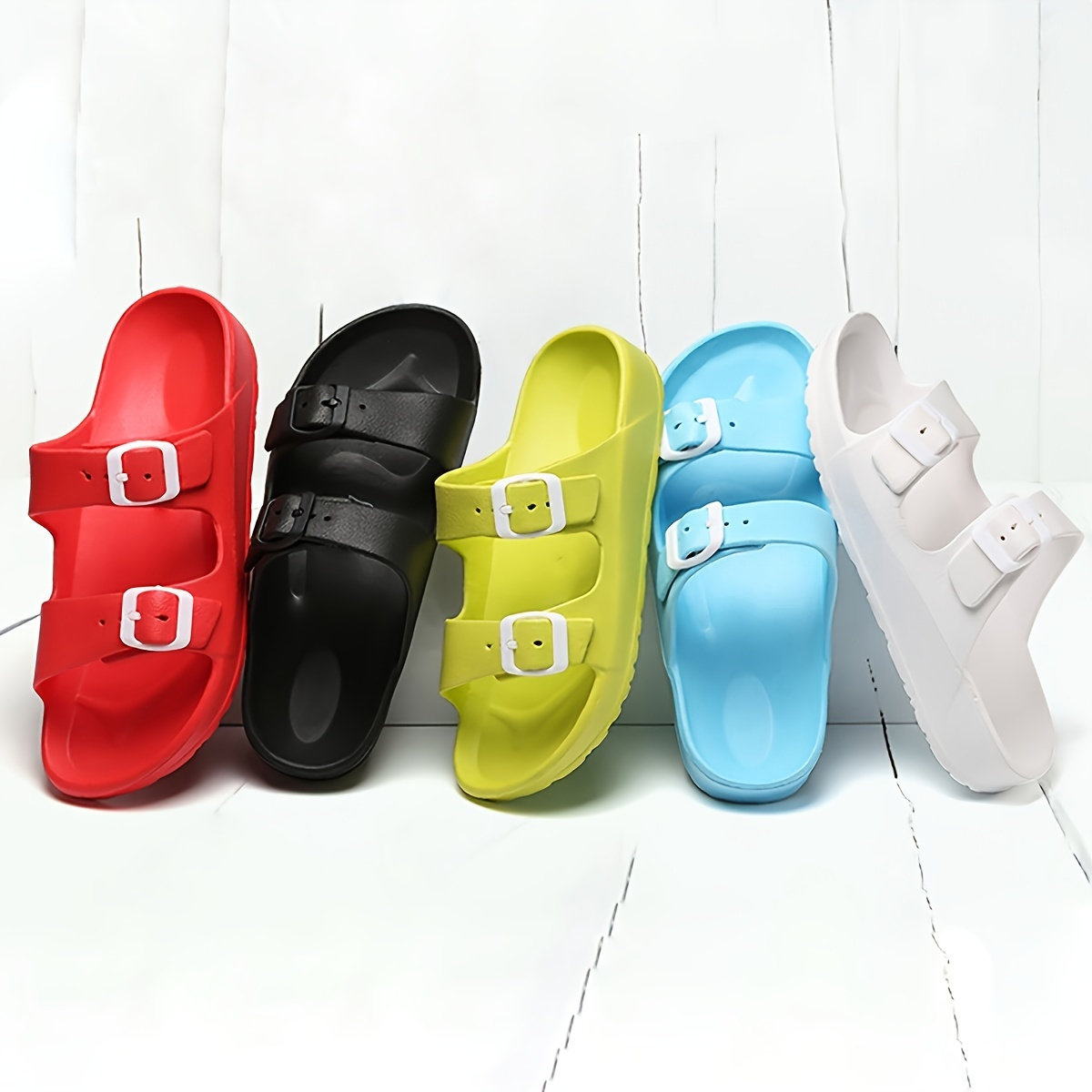

Women's Double Buckle Strap Slides, Solid Color Open Toe Non-slip Eva Slippers, Indoor & Outdoor Sandals Shoes