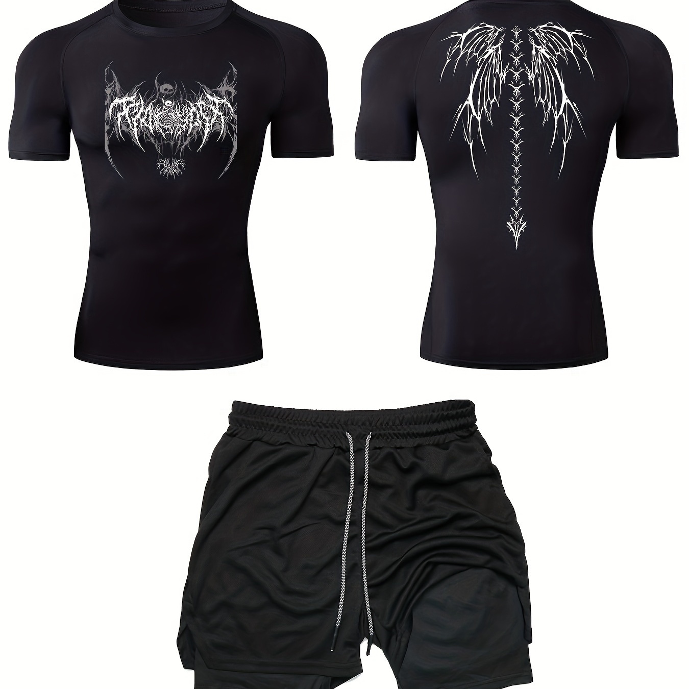 

Men' 2pcs Set: Wing Print Short Sleeve + Solid Color Multi-pocket Shorts For , Badminton, Basketball, Gym