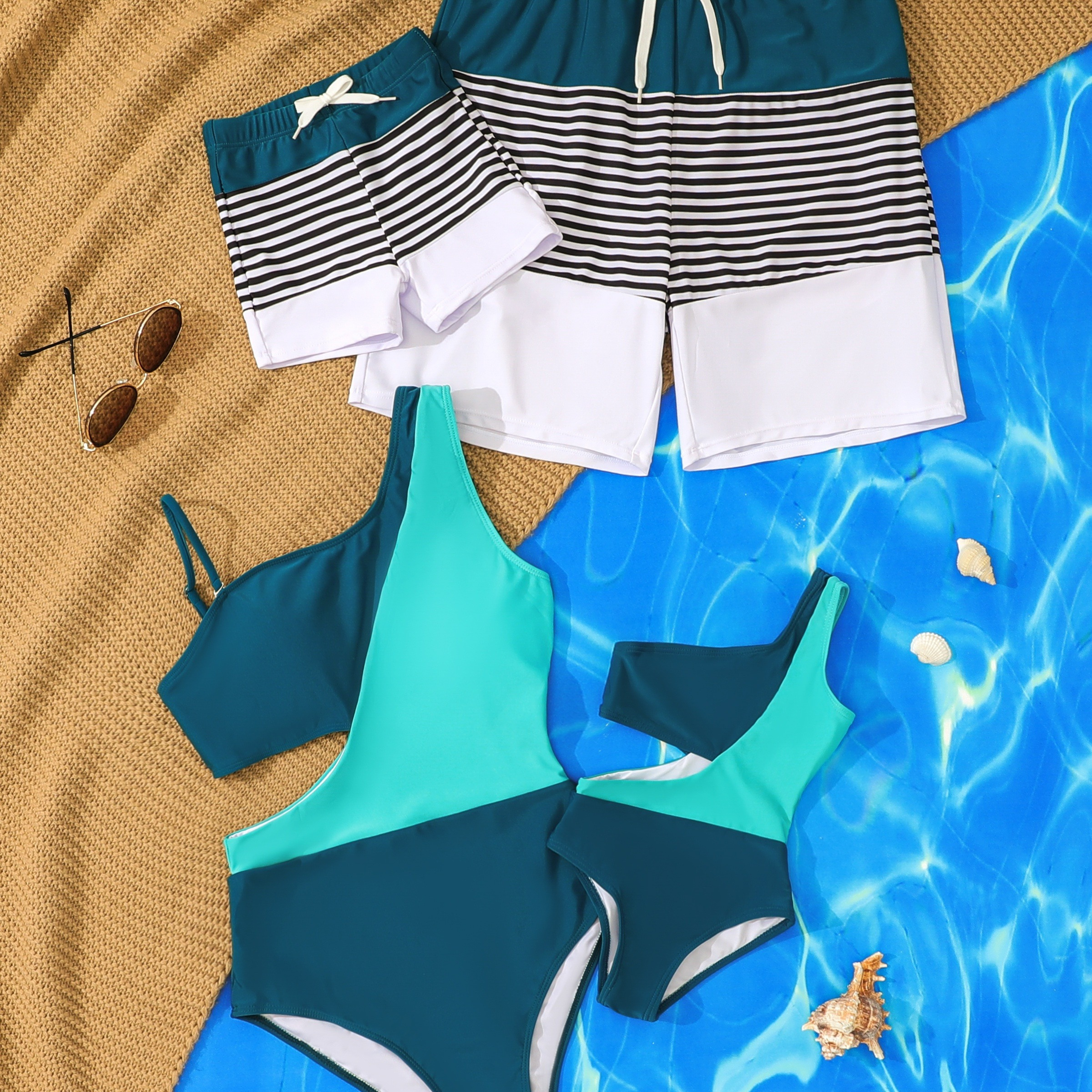 

Patpat Family Matching Colorblock 1 Shoulder Cut Out 1-piece Swimsuit And Striped Spliced Swim Trunks Shorts