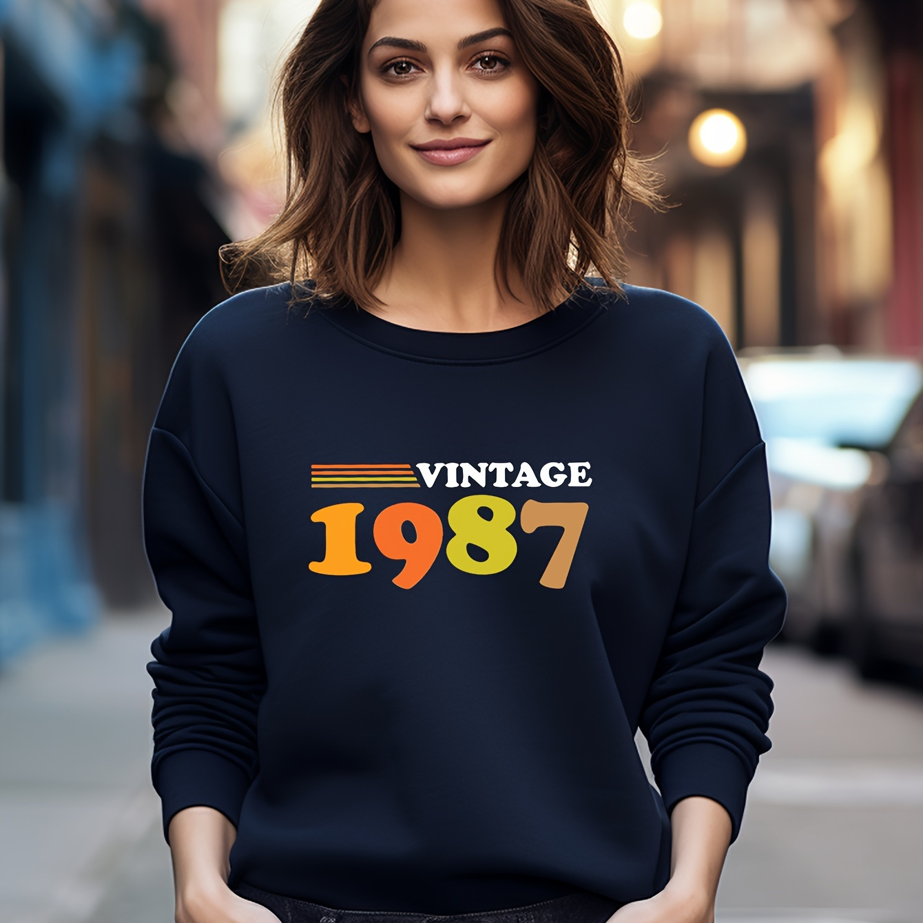 

Vintage 1987 Print Fleece Round Neck Sweatshirt, Versatile Long Sleeve Pullover Sports Sweatshirt, Women's Clothing
